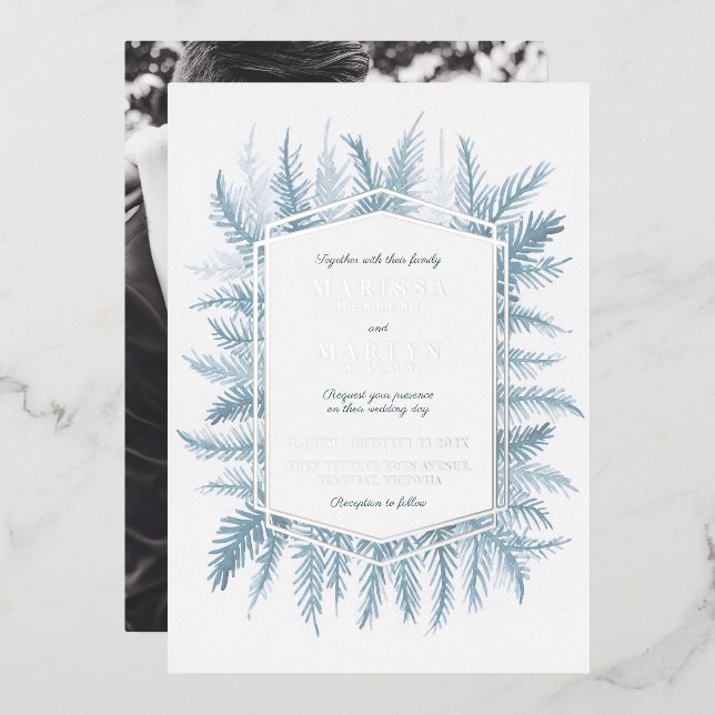 Invitation En Aluminium Hiver à feuillage persistant aquarelle bleu argent (Recto/Verso)