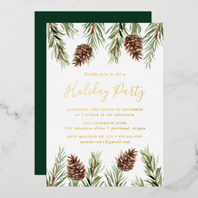 Invitation En Aluminium Hiver Aquarelle Pine Cone Fête (Recto/Verso)