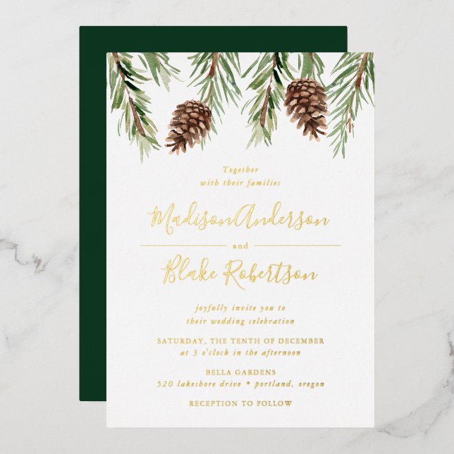 Invitation En Aluminium Hiver Aquarelle Pine Cône Mariage (Recto/Verso)