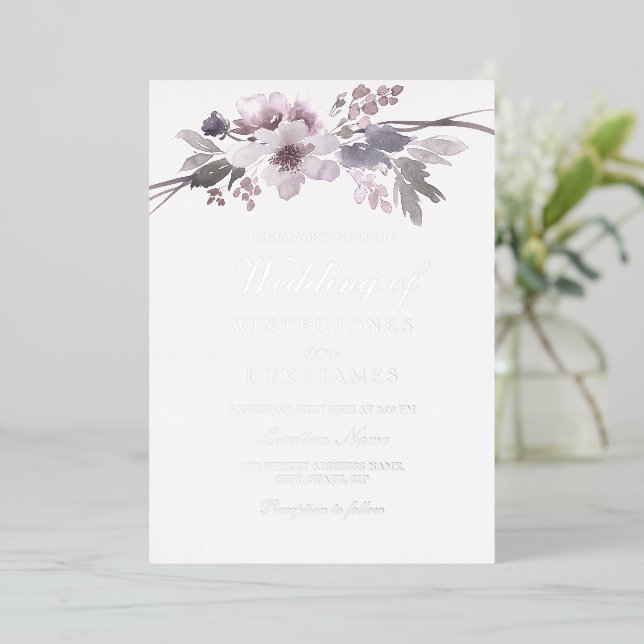 Invitation En Aluminium Hiver Gris Floral Aquarelle Mariage Argent (Debout devant)