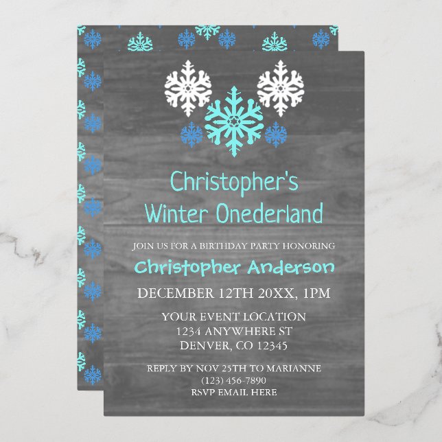Invitation En Aluminium Hiver Onederland Flocon de neige 1er anniversaire (Recto/Verso)