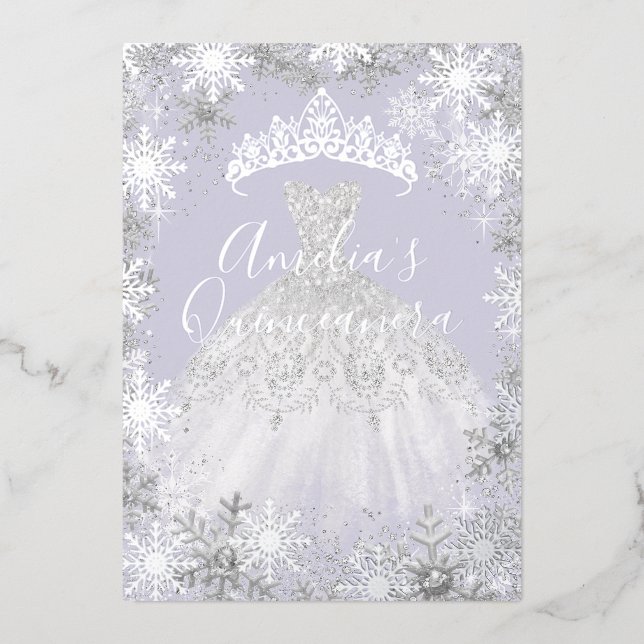 Invitation En Aluminium Hiver Silver violet Flocon de neige Quinceanera (Recto)