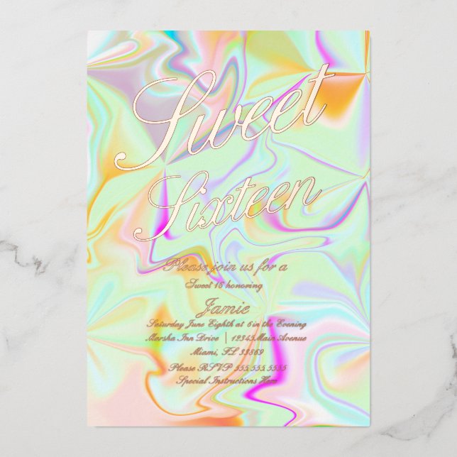 Invitation En Aluminium Holographique Sweet sixteen Liquide Or Pressé (Recto)