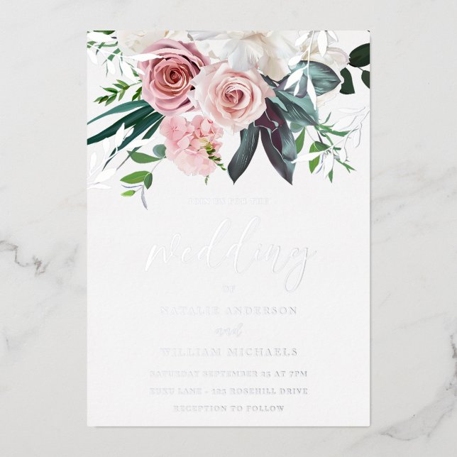 Invitation En Aluminium Huile d'argent et Mariage floral floue (Recto)