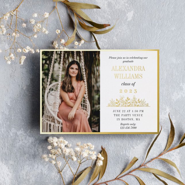 Invitation En Aluminium Huile d'or Cadre & Florales Photo Graduation Foil (Créateur téléchargé)