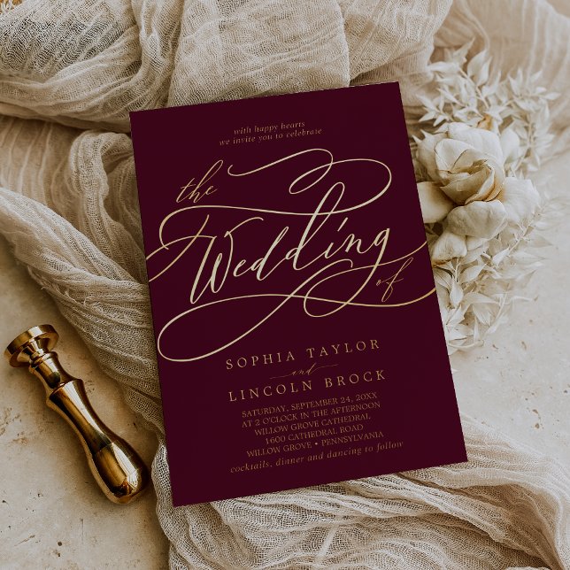 Invitation En Aluminium Huile d'or romantique | Bourgogne Le Mariage de (Créateur téléchargé)
