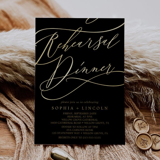 Invitation En Aluminium Huile d'or romantique | Dîner de répétition noir (Créateur téléchargé)