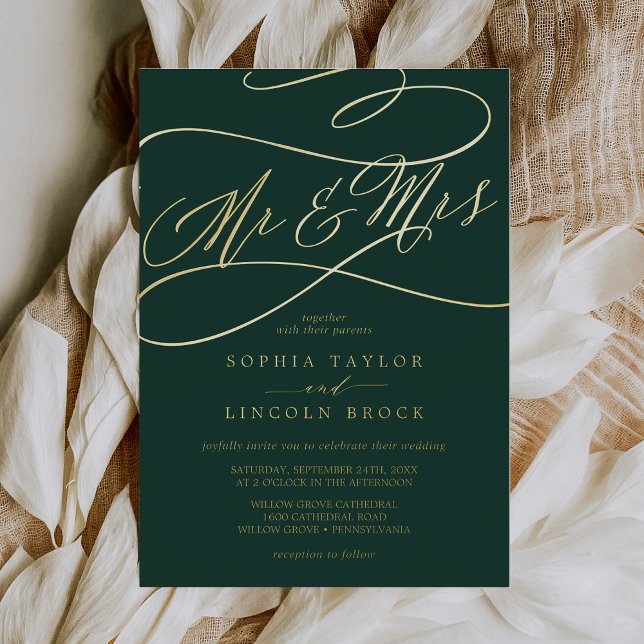 Invitation En Aluminium Huile d'or romantique | Emerald Mr & Mrs Mariage (Créateur téléchargé)