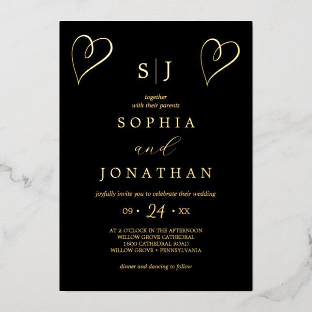 Invitation En Aluminium Huile d'or romantique | Mariage de monogramme noir (Recto)