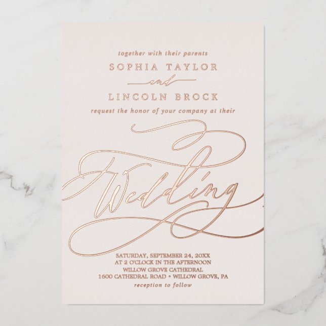 Invitation En Aluminium Huile d'or Rose romantique | Mariage Flourdissant (Recto)