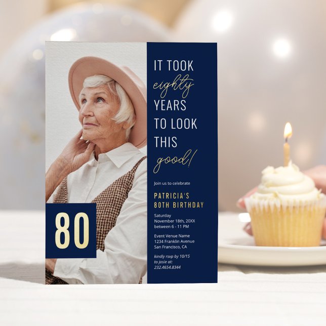 Invitation En Aluminium Huitième photo Blue & Gold 80th Birthday Party Rea (Créateur téléchargé)