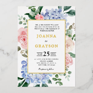 Invitation En Aluminium Hydrangées bleues poussiéreuses roses pastel maria