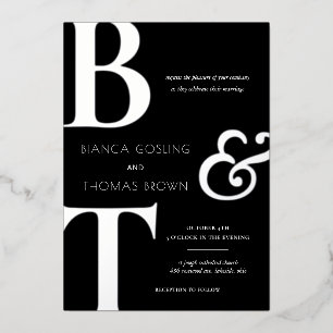 Invitation En Aluminium Initiales trios Monogrammes Mariage noir et blanc