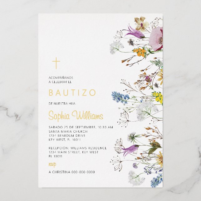 Invitation En Aluminium Invitación de Flores Silvestres para Bautizo (Recto)