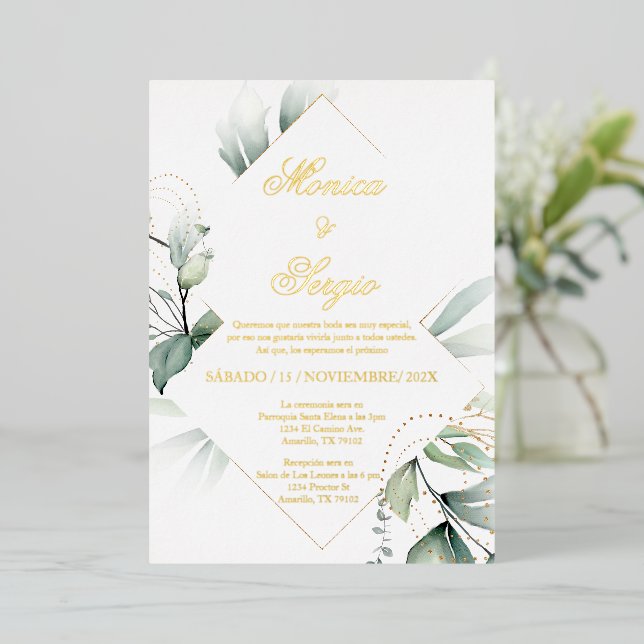 Invitation En Aluminium Invitación elegante feuille or para boda (Debout devant)