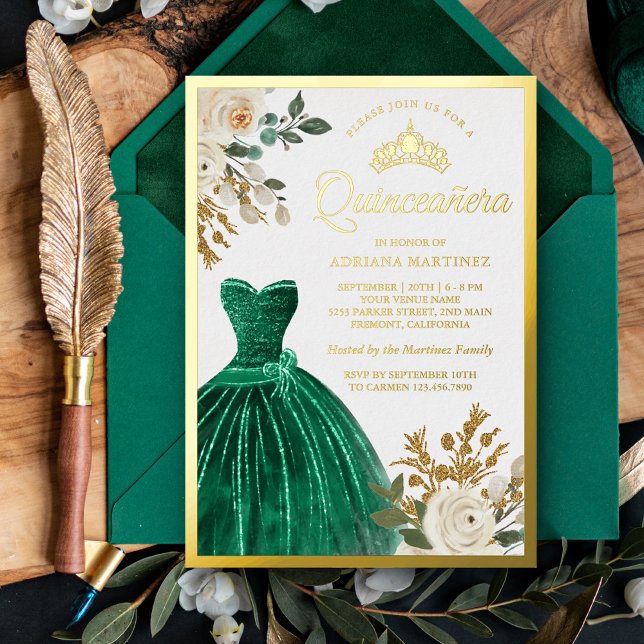 Invitation En Aluminium Ivory Floral Emerald Green Gown Quinceanera Gold (Créateur téléchargé)