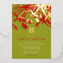 Jade Green & Red Zen Bamboo Feuille Mariage chinoi