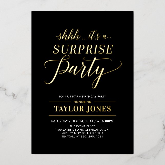 Invitation En Aluminium Jalon Black & Gold Surprise Anniversaire (Recto)