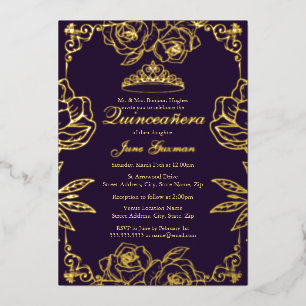 Invitation En Aluminium Jardin de Rose d'or pourpre Quinceanera