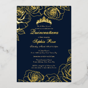 Invitation En Aluminium Jardin de roses dorées de la marine pour Quinceane