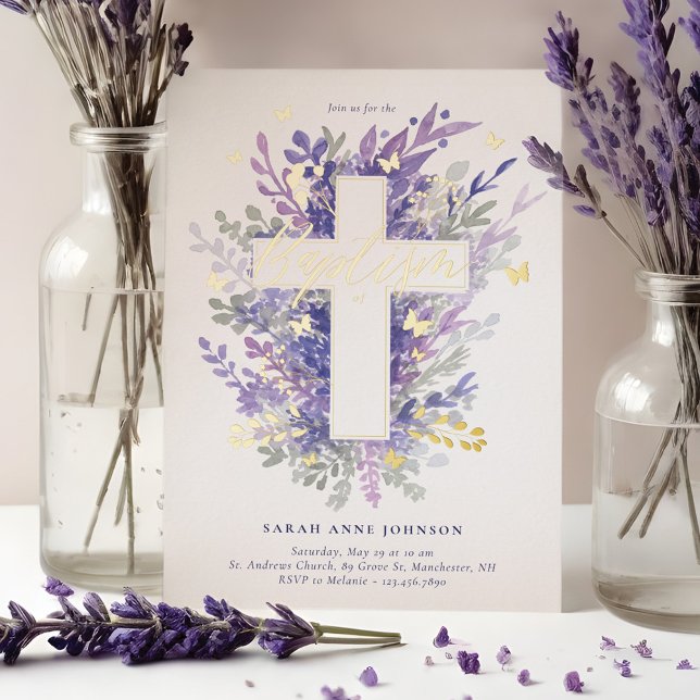 Invitation En Aluminium Jardin Floral Feuillage pourpre Croix Baptême bébé (Floral Garden Purple Foliage Cross Baby Baptism Foil Invitation)