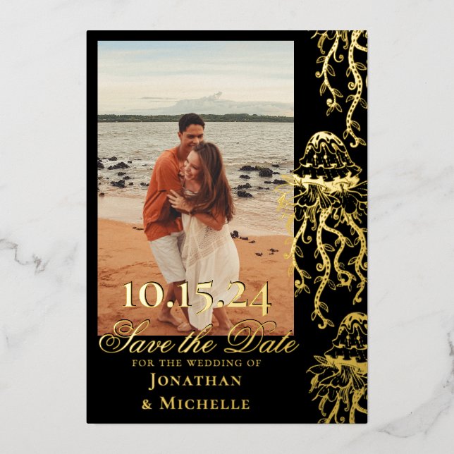 Invitation En Aluminium Jellyfish Gold Foil Beach Photo Enregistrer la dat (Recto)