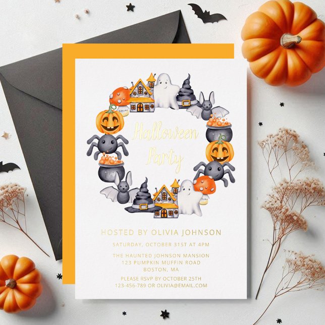 Invitation En Aluminium Joli Halloween Joyeux Halloween Jeu d'Illustration (Cute Happy Halloween Illustration Party Gold Foil Invitation)