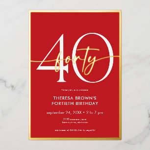 Invitation En Aluminium Jour d'anniversaire minimal Red Gold Quarty Script