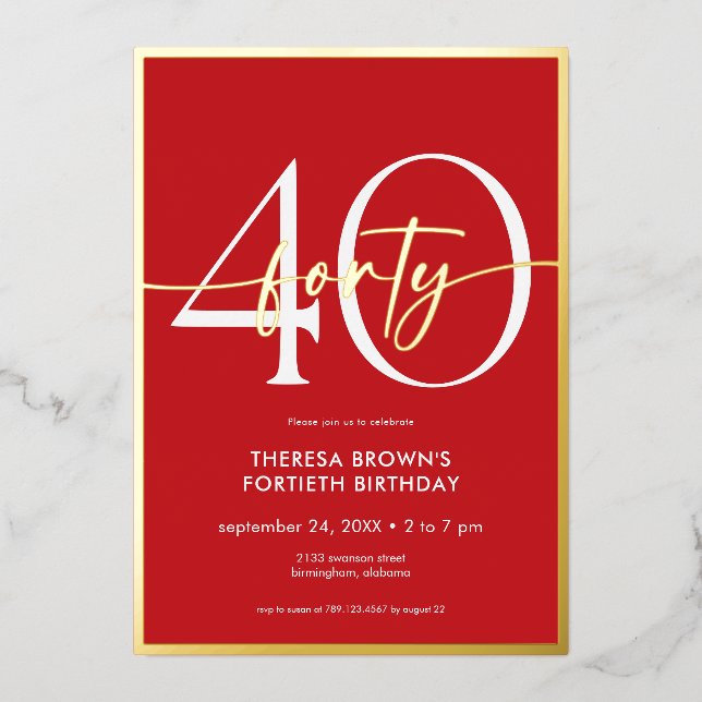 Invitation En Aluminium Jour d'anniversaire minimal Red Gold Quarty Script (Recto)