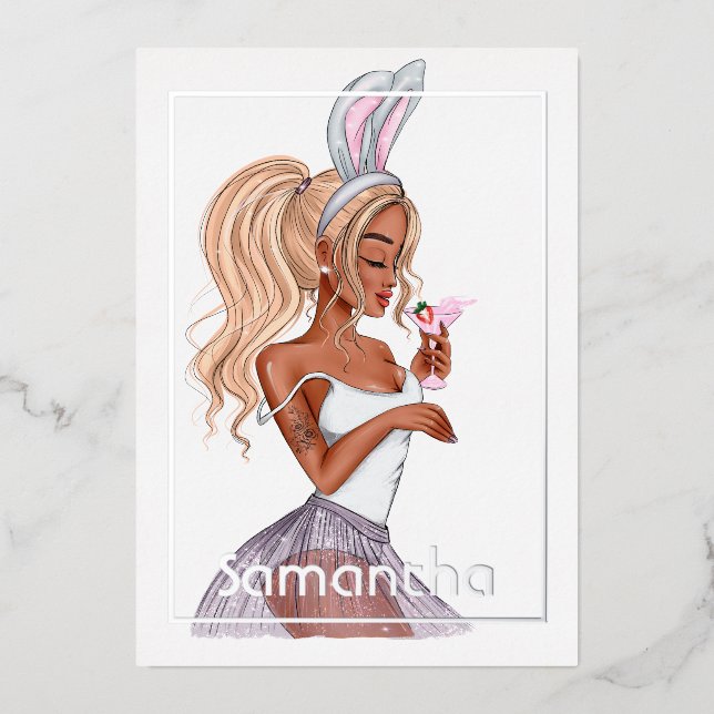 Invitation En Aluminium Lapin Whimsical Anniversaire de Pâques Cocktail Gi (Recto)