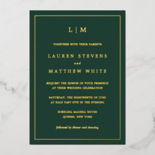 Invitation En Aluminium Lauren Forest Green Monogramme Mariage élégant