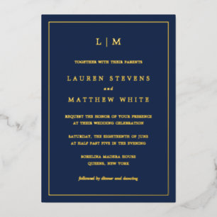 Invitation En Aluminium Lauren Navy Blue Monogramme Mariage élégant