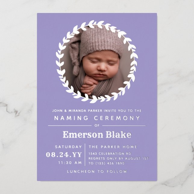 Invitation En Aluminium Lavender Silver Wreath Baby Photo Ceremony (Recto)