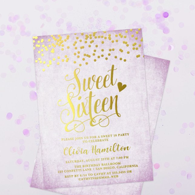 Invitation En Aluminium Lavender Sweet 16 Gold Confetti (Créateur téléchargé)