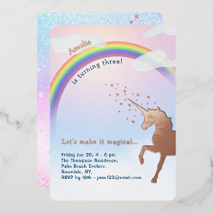 Invitation En Aluminium Licorne Rose Gold Arc-en-Ciel Paillettes Anniversa