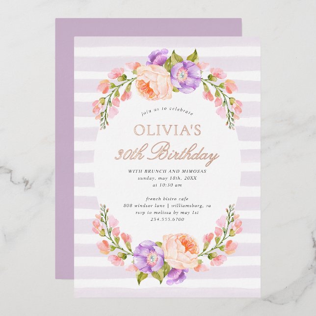 Invitation En Aluminium Lilac Stripe et Fleur Anniversaire Brunch Party (Recto/Verso)