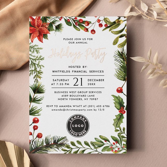 Invitation En Aluminium Logo d'affaires moderne Noël Fête (Business Christmas Party Coworkers Party Rose Gold Foil Script Invitation)