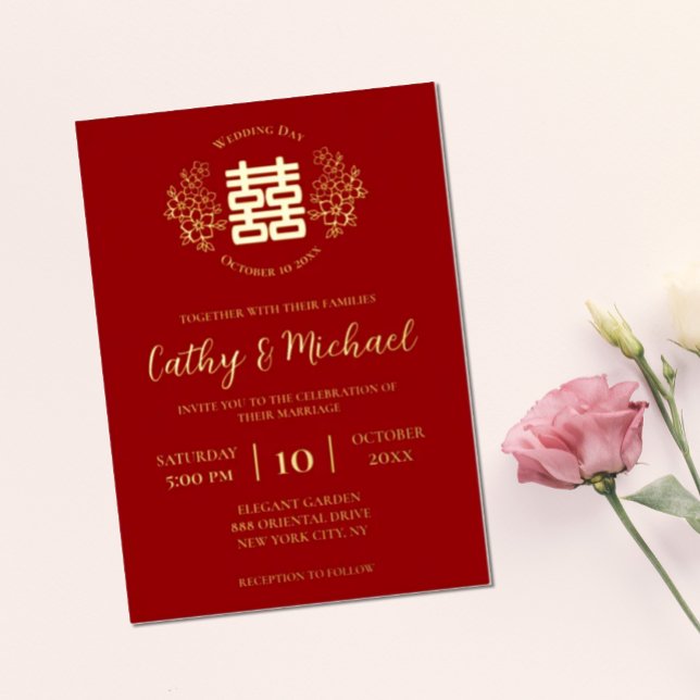 Invitation En Aluminium Logo floral rouge et or mariage chinois (Créateur téléchargé)