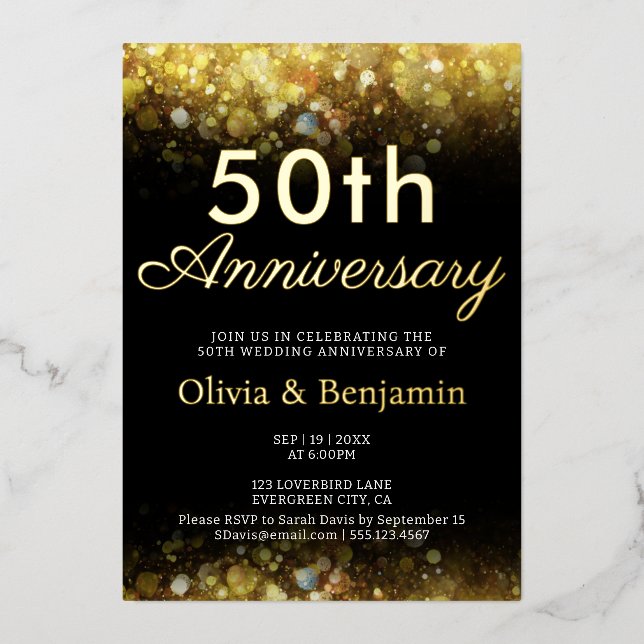 Invitation En Aluminium Lumière d'or 50e anniversaire Mariage (Recto)
