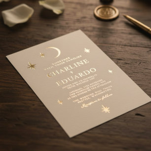Invitation En Aluminium Lune et étoiles Céleste Starsign Mariage d'or