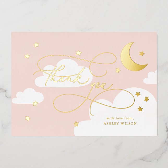 Invitation En Aluminium Lune et étoiles Script rose Merci bébé (Recto)