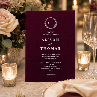 Invitation En Aluminium Luxe Bourgogne Feuille d'Argent | Monogramme Vieil