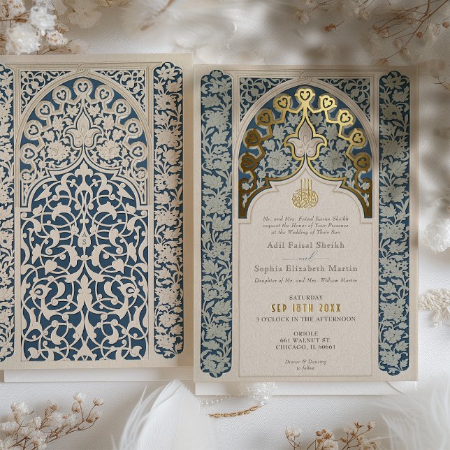 Invitation En Aluminium Luxe Dentelle islamique Dusty Mariage bleu (Créateur téléchargé)