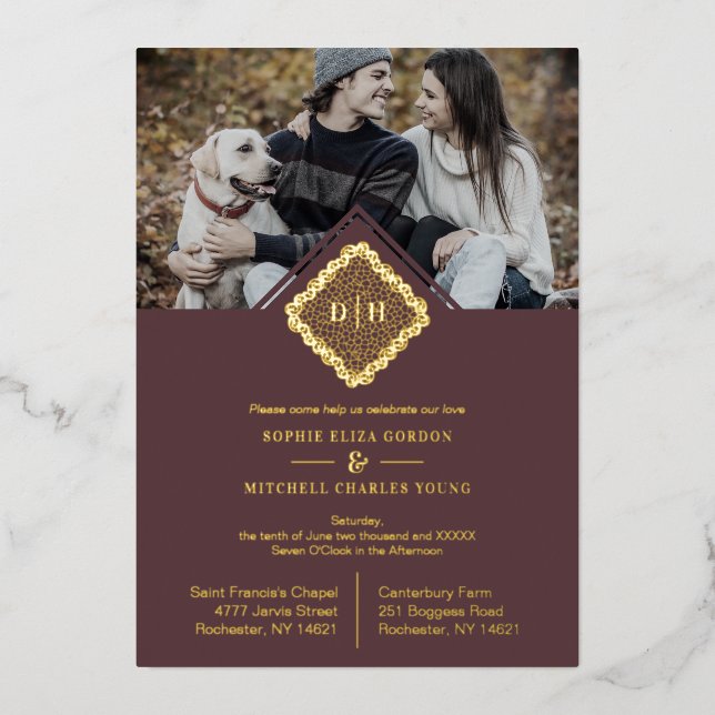 Invitation En Aluminium Luxe Initiales Mariages Effet dentelle ornementale (Recto)