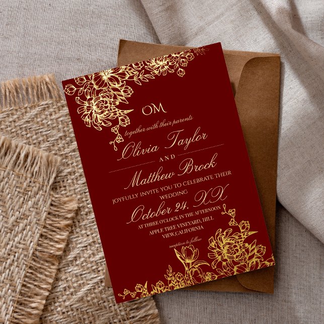 Invitation En Aluminium Luxe Jardin Rouge & Or Floral Mariage élégant (Créateur téléchargé)