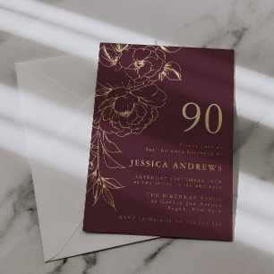 Invitation En Aluminium Luxe ligne florale 90e anniversaire or
