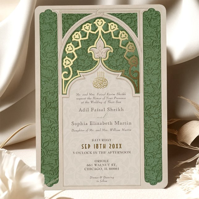 Invitation En Aluminium Luxe Mariage vert dentelle islamique (Créateur téléchargé)
