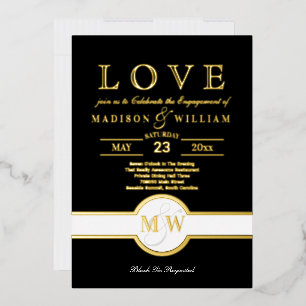 Invitation En Aluminium Luxe Monogramme LOVE Engagement Party Noir et Or