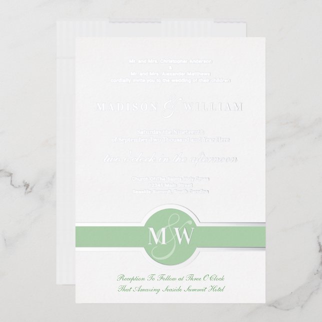 Invitation En Aluminium Luxe Monogramme Moderne Mariage Vert Silver Foil (Enveloppe)