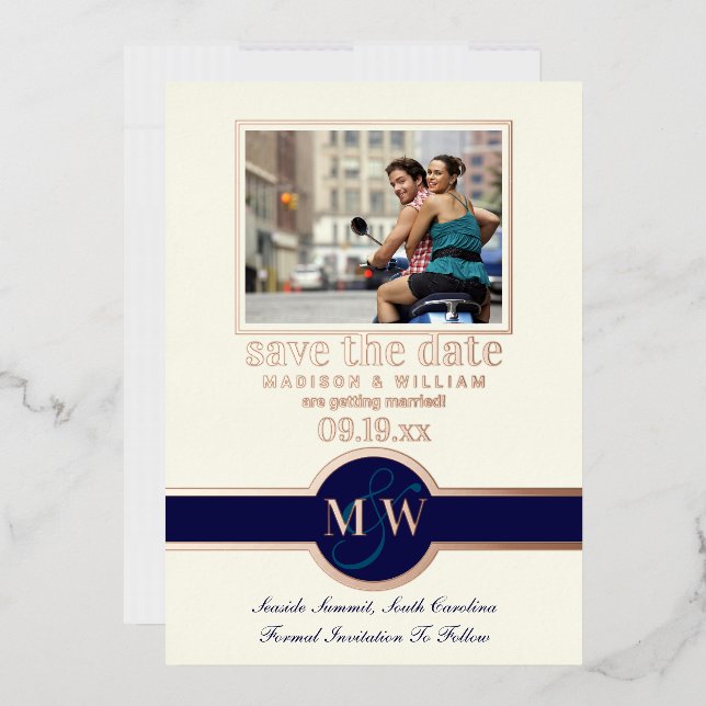 Invitation En Aluminium Luxe Monogramme Photo Enregistrer La Date Marine R (Enveloppe)
